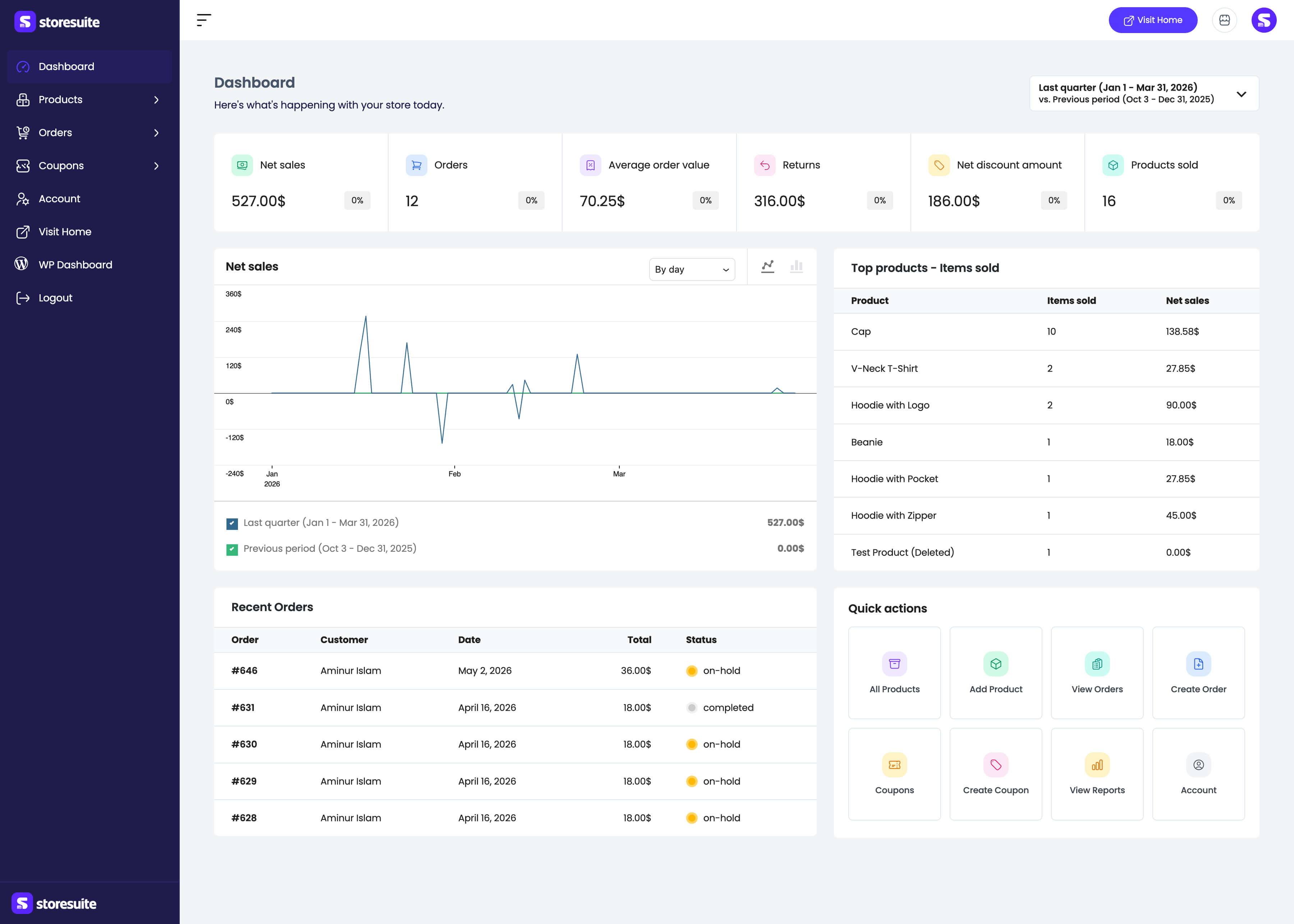The StoreSuite frontend dashboard
