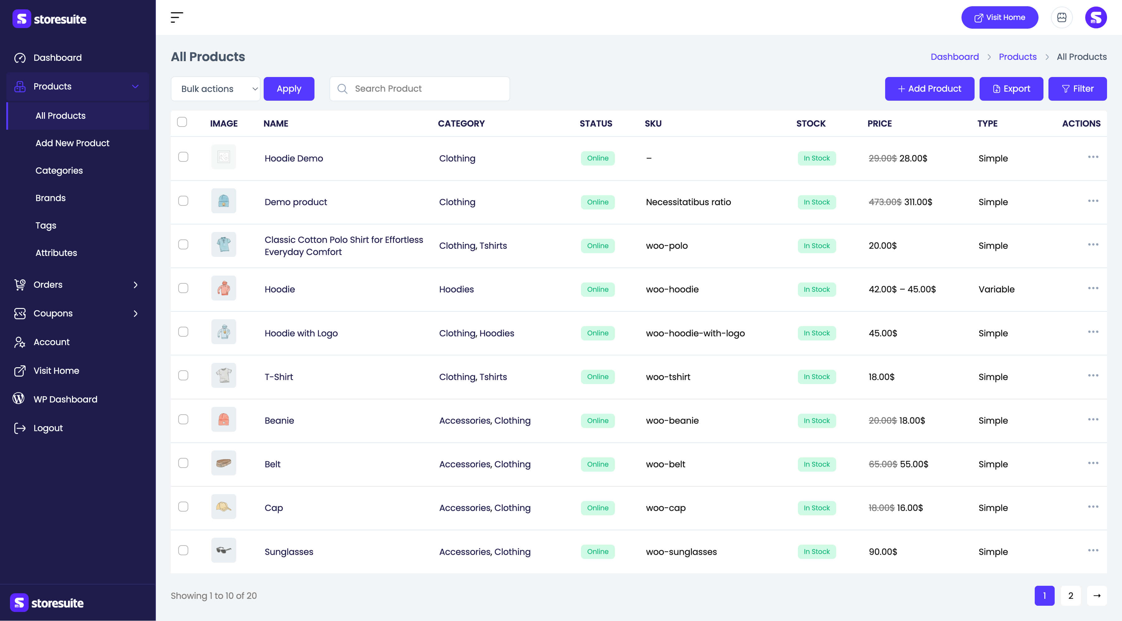 The products list