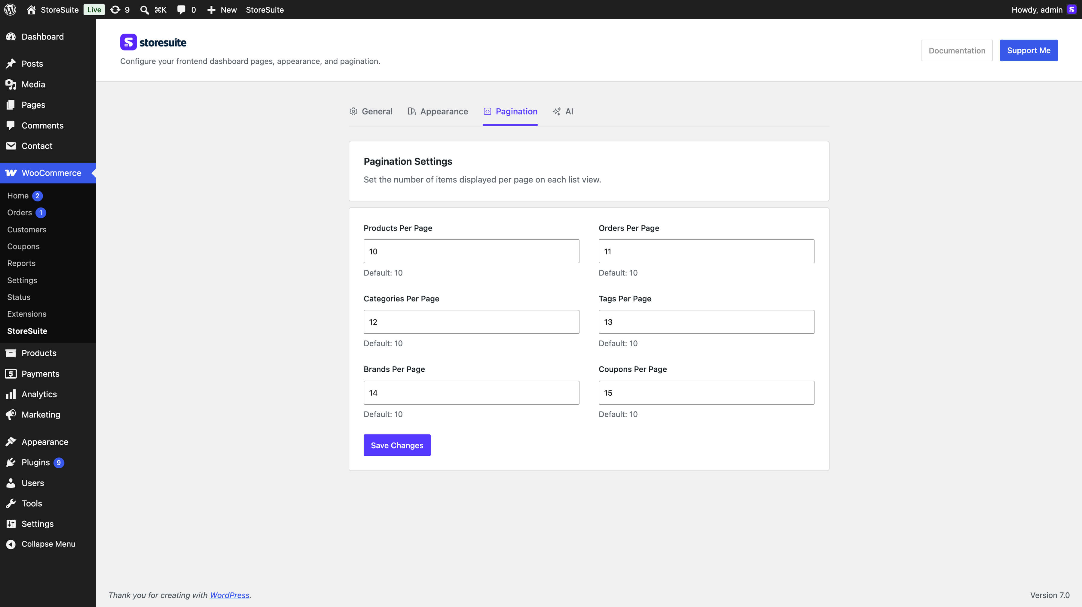 The pagination settings tab